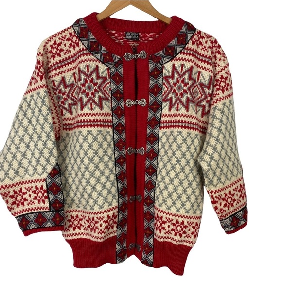 Dale of Norway Red Fair Isle Wool Sweater Cardigan - Picture 6 of 11